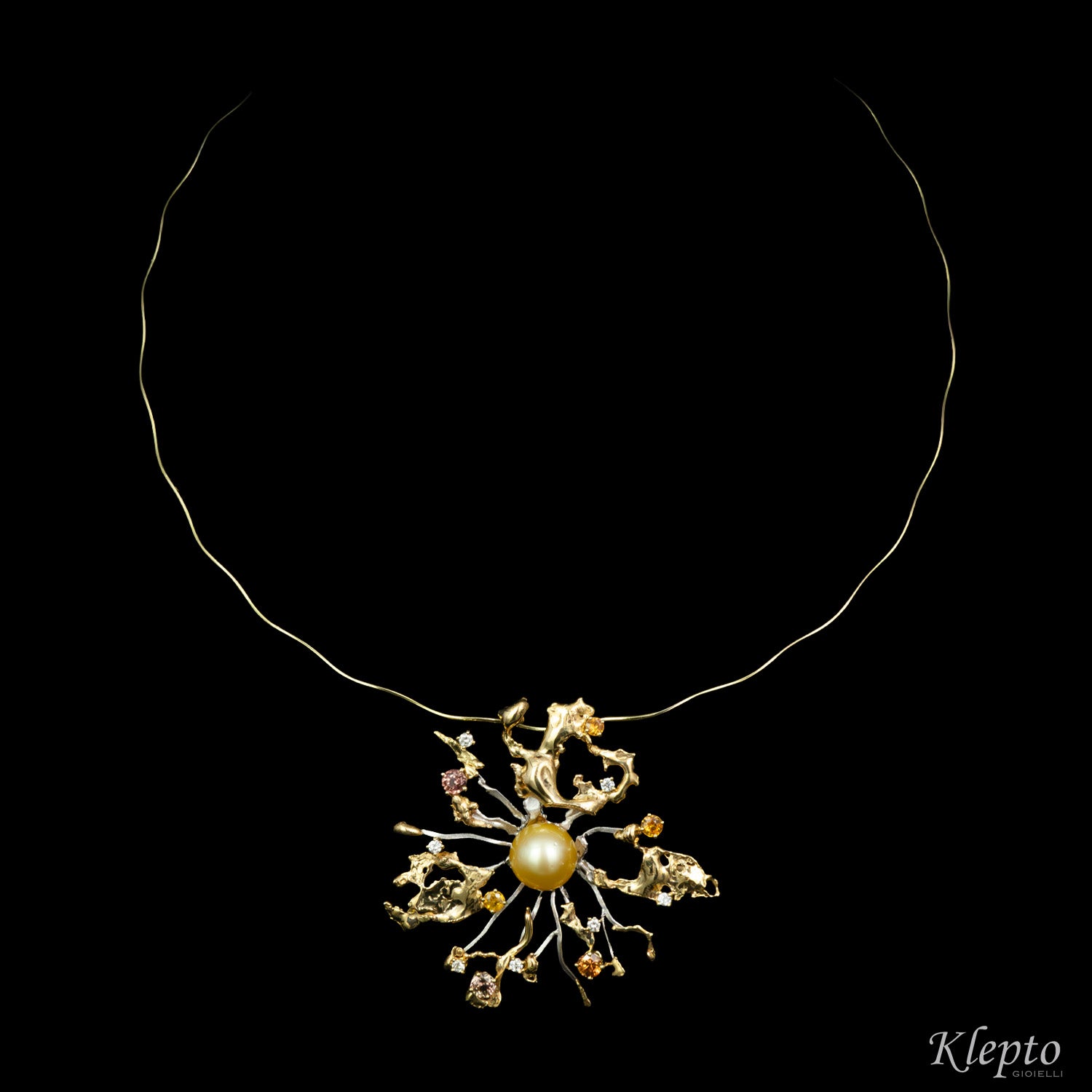 Collier in oro giallo e bianco "Big Bang" con Perla Australiana Gold, Zaffiri e Diamanti