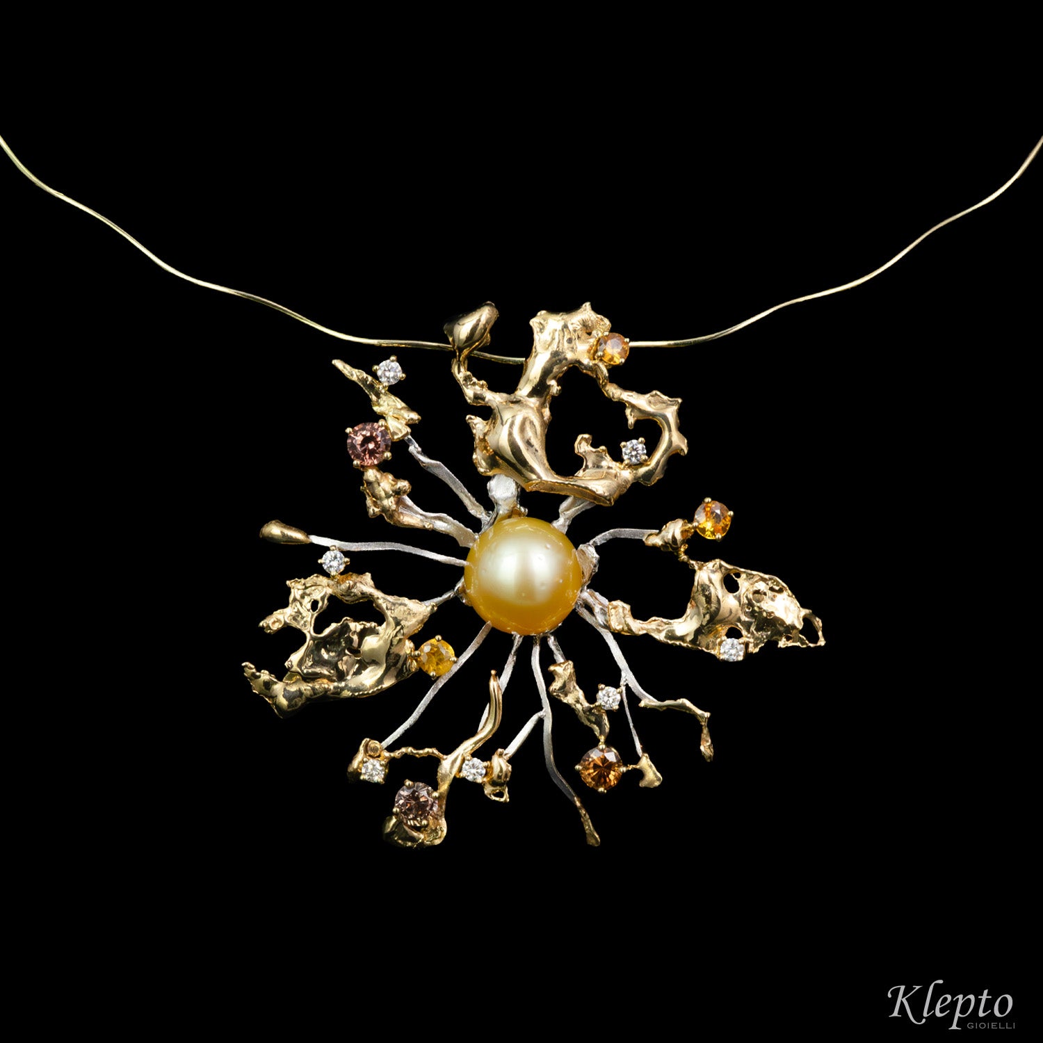 Collier in oro giallo e bianco "Big Bang" con Perla Australiana Gold, Zaffiri e Diamanti