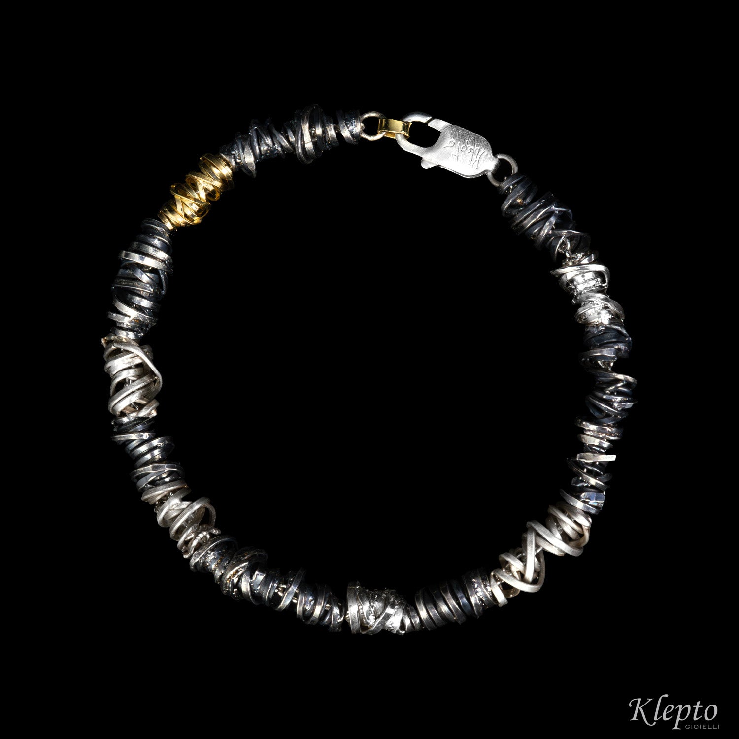 Bracciale in Argento Silnova® con elementi in oro giallo e bruniti