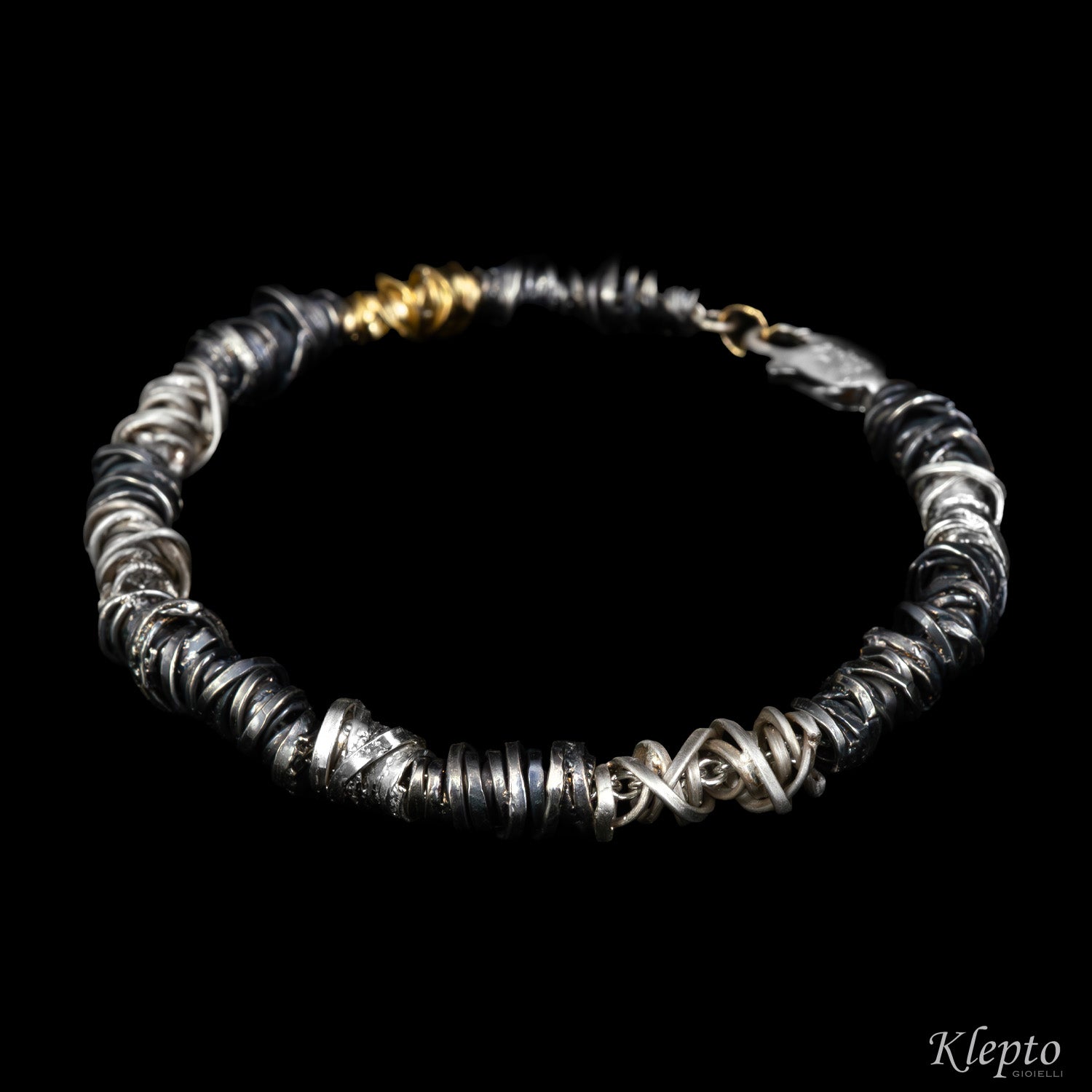 Bracciale in Argento Silnova® con elementi in oro giallo e bruniti