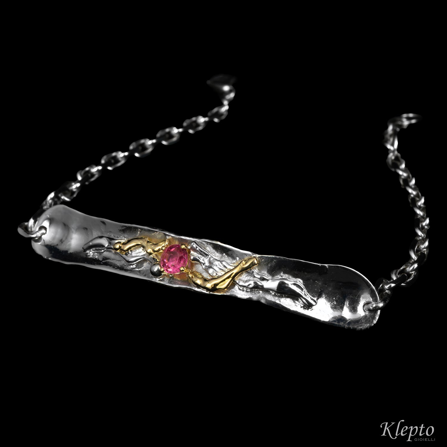 Bracciale in Argento Silnova® con Tormalina rosa e dettagli in oro giallo