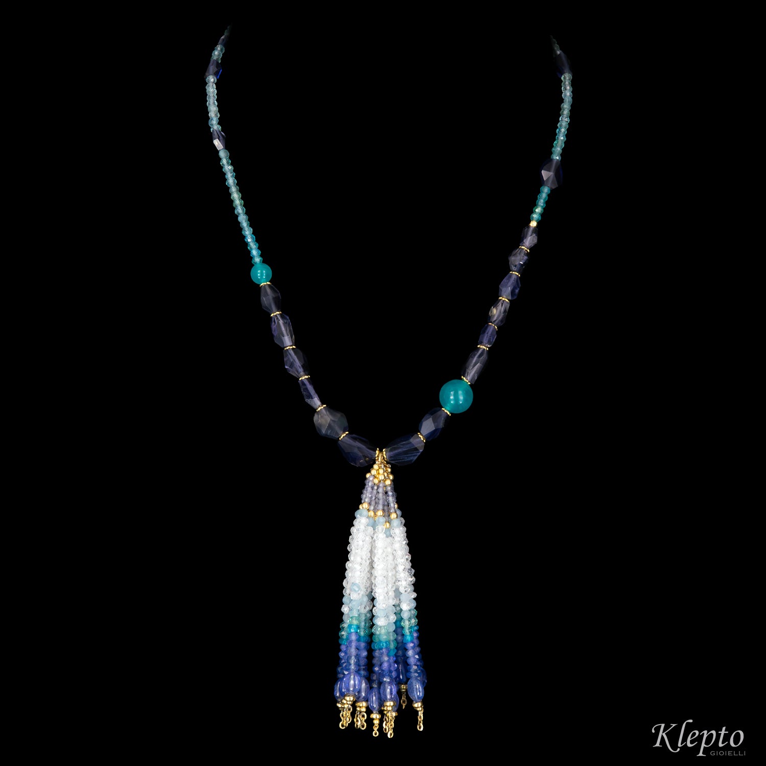 Collana Nappa in oro giallo con Amazzonite, Iolite, Tanzanite e Pietra di luna