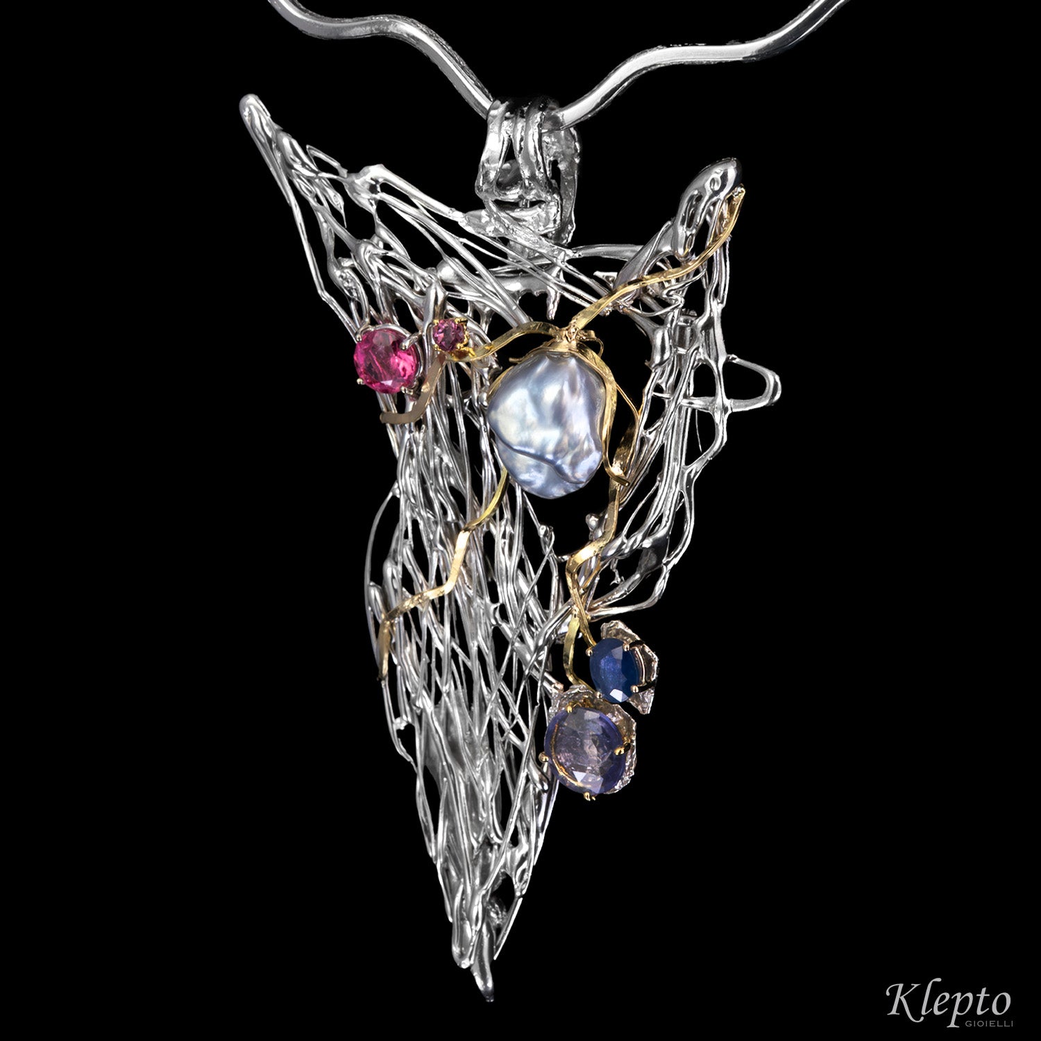 Collier in Argento Silnova® con Perla Keshi, Zaffiri, Tormalina, Rodolite e dettagli in oro giallo