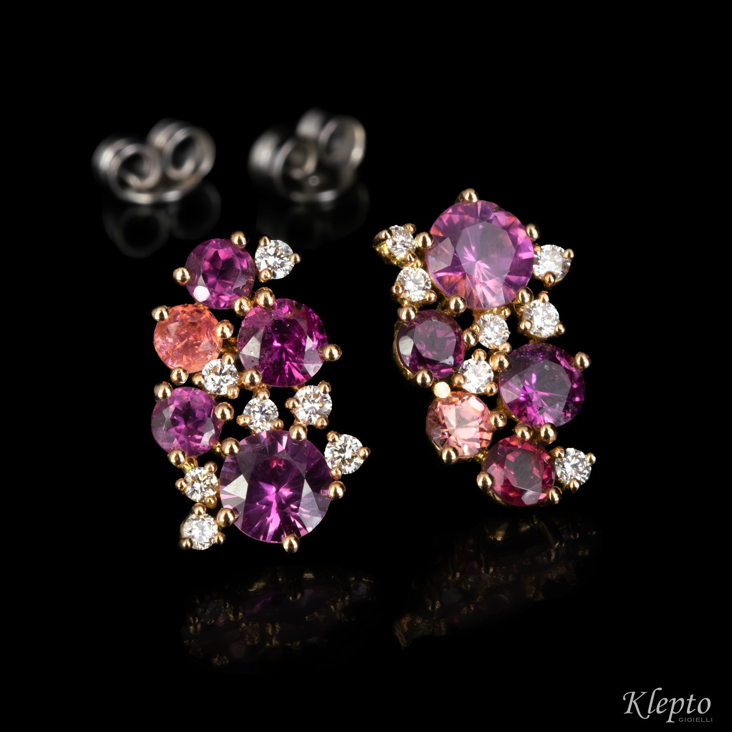 Orecchini in oro rosa e bianco con Zaffiri rosa, Rodoliti, Tormaline rosa e Diamanti
