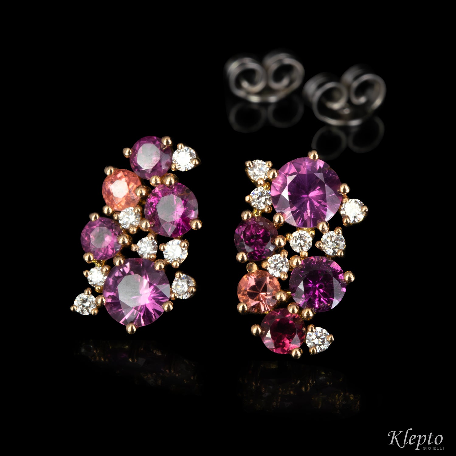 Orecchini in oro rosa e bianco con Zaffiri rosa, Rodoliti, Tormaline rosa e Diamanti