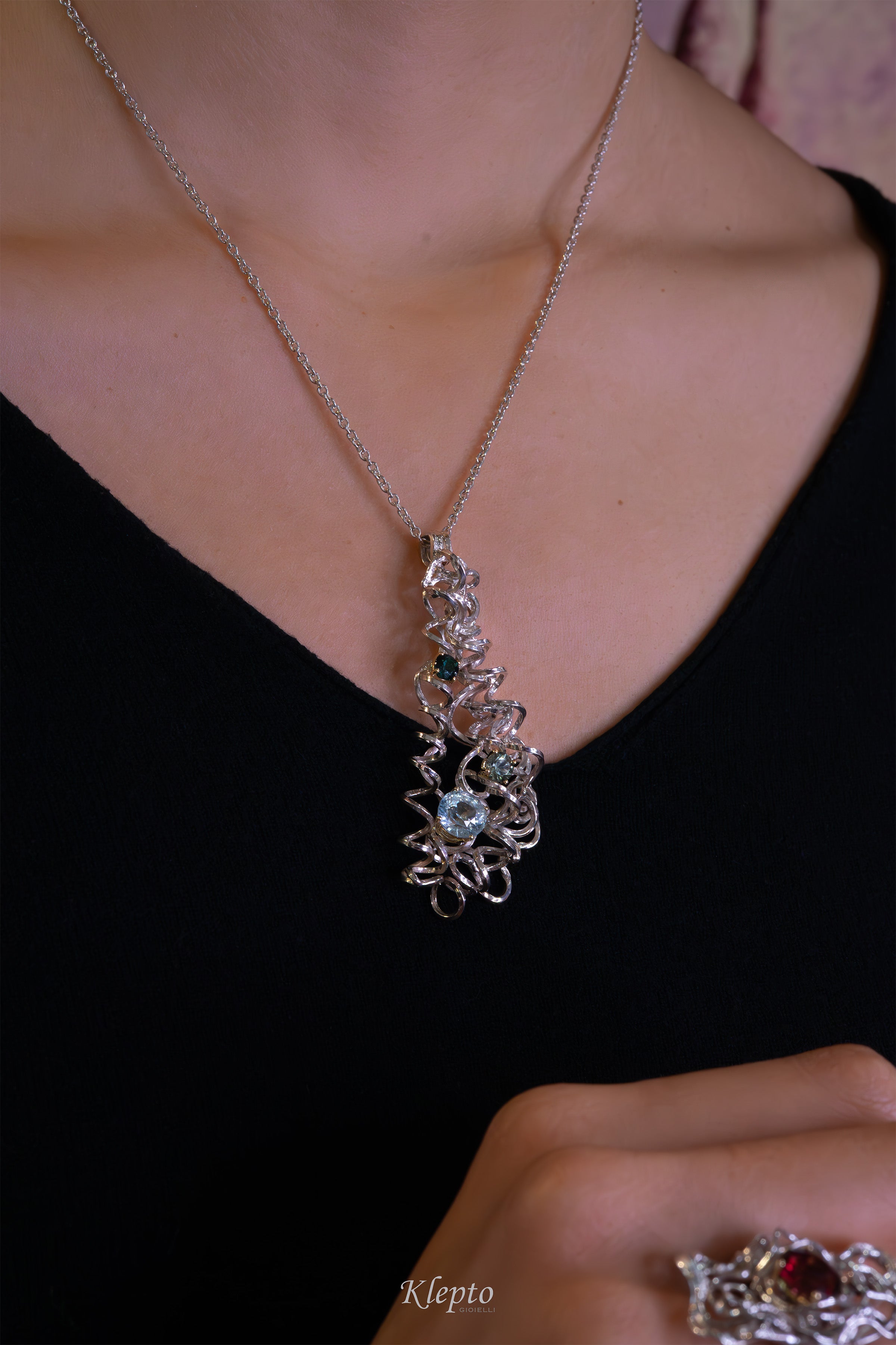 Pendente in Argento Silnova® con Tormaline, Acquamarina e dettagli in oro giallo