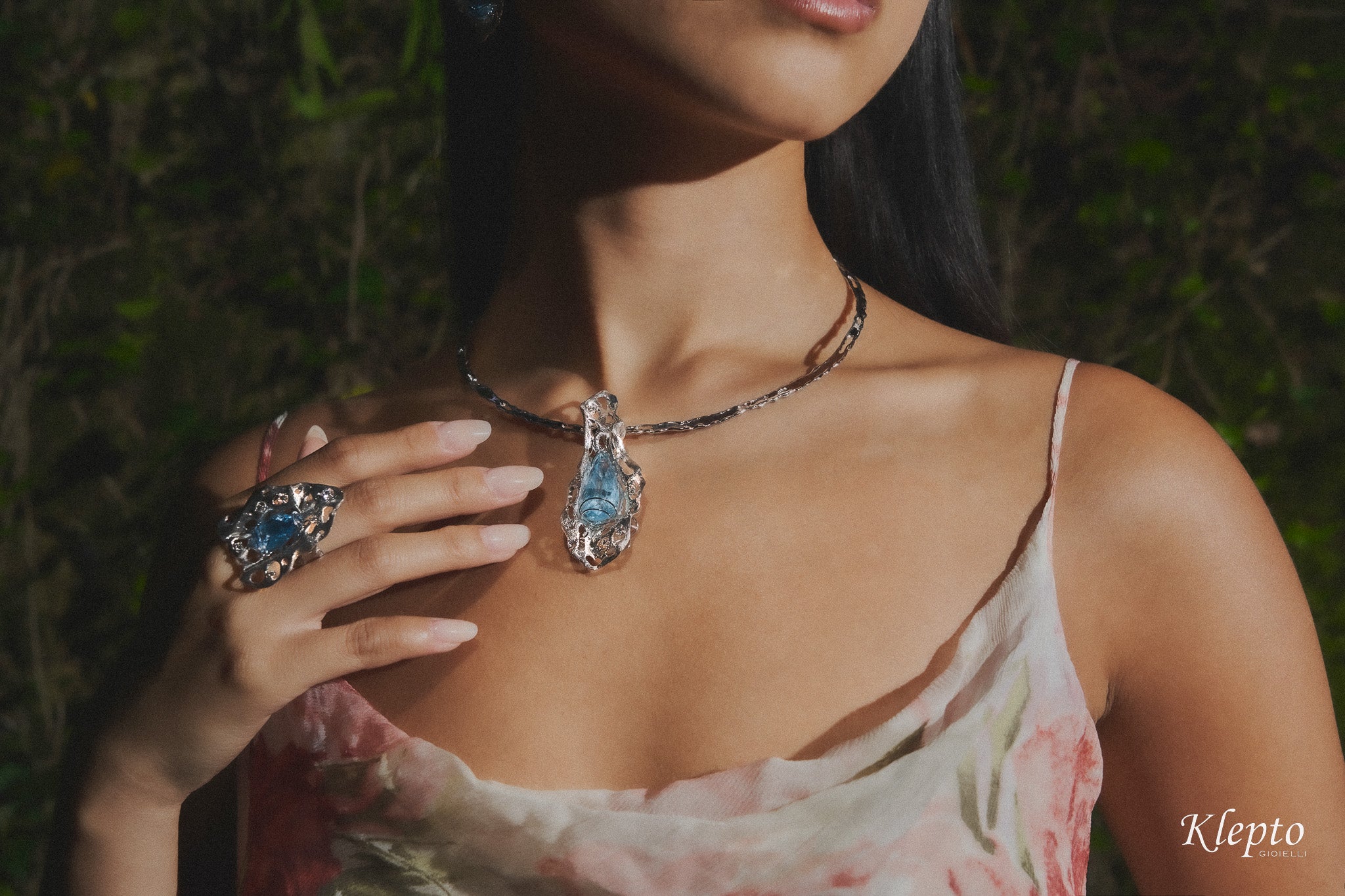Collier in oro bianco "Idrasil" con Acquamarina e Diamanti