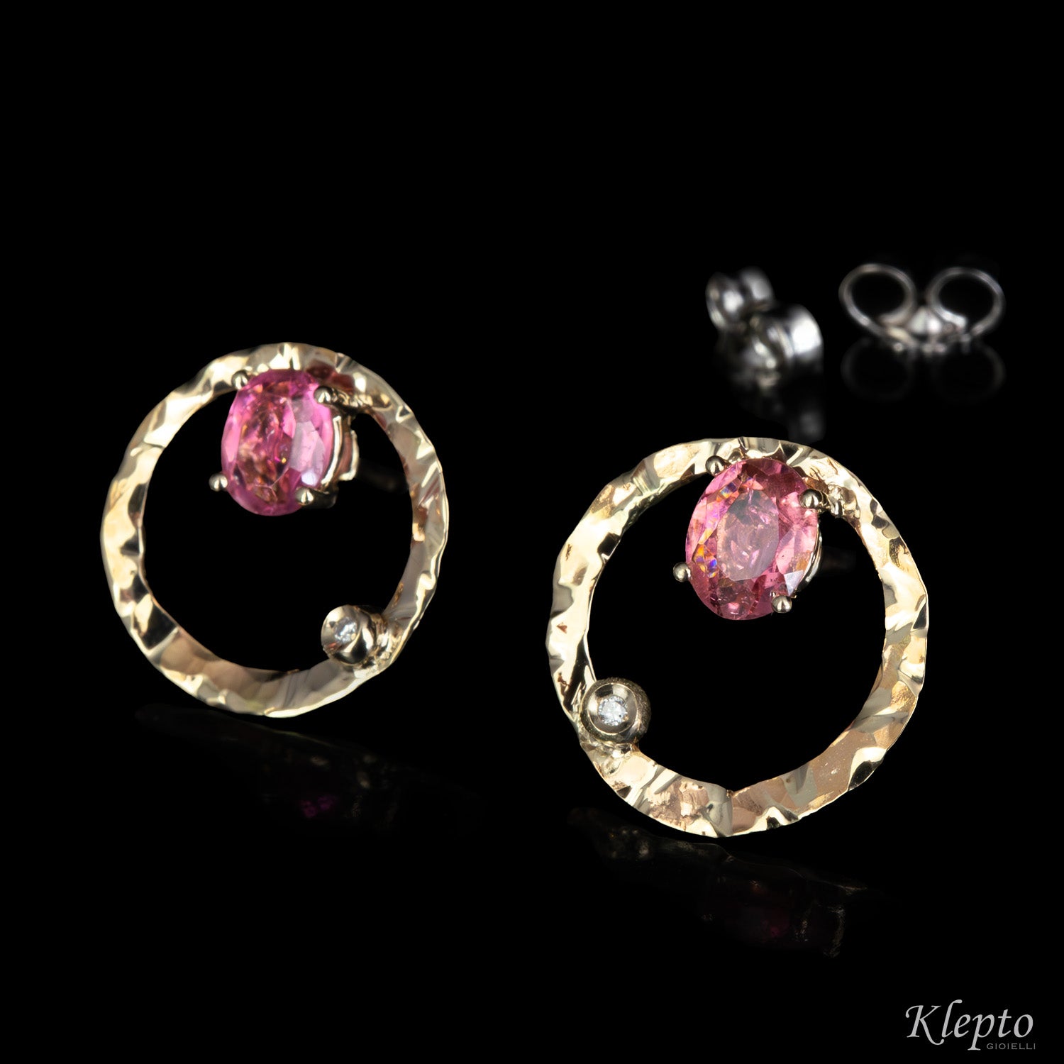 Orecchini in oro bianco naturale "Pulsar" con Tormaline rosa e Diamanti