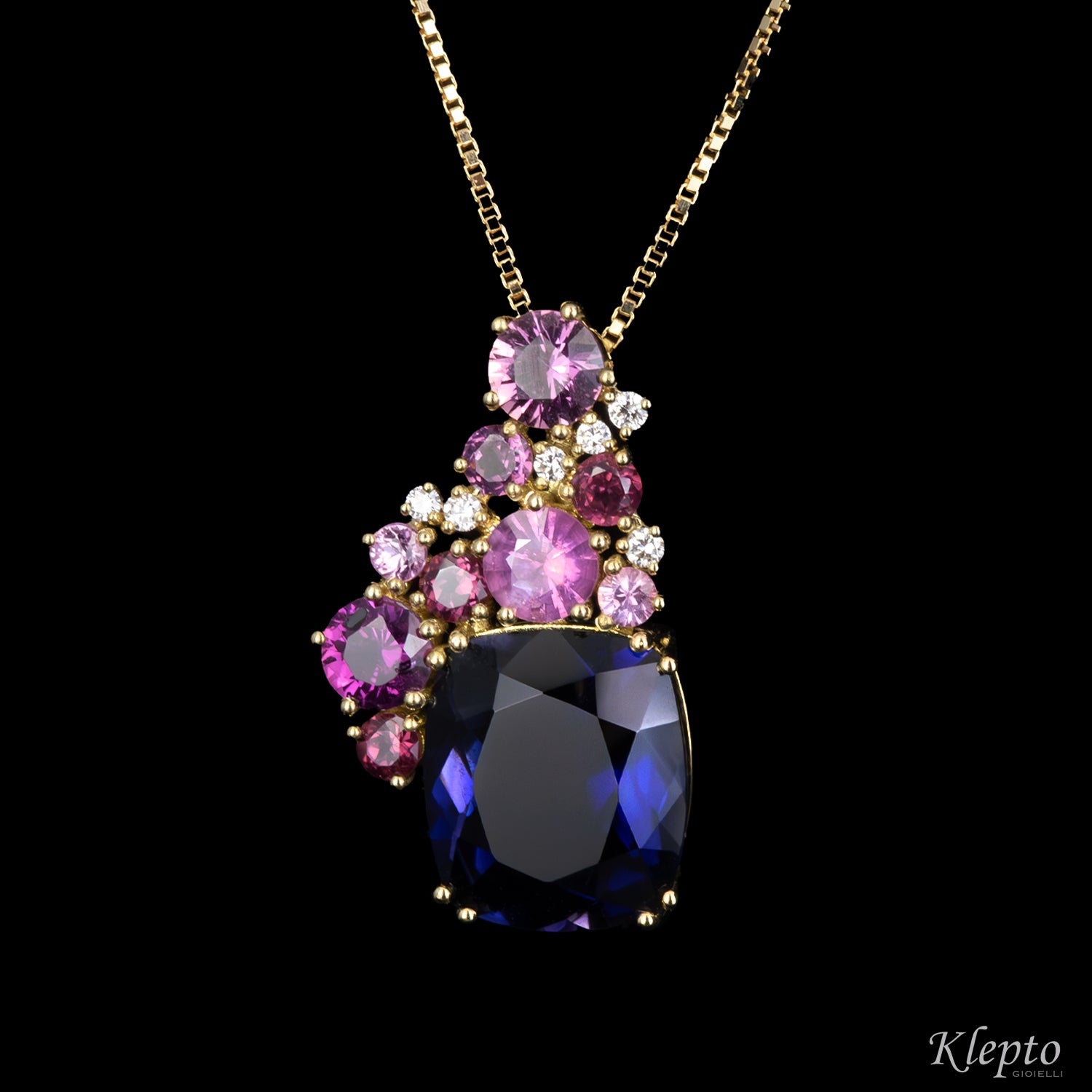 Pendente in oro giallo con Iolite, Zaffiri rosa, Rodoliti e Diamanti