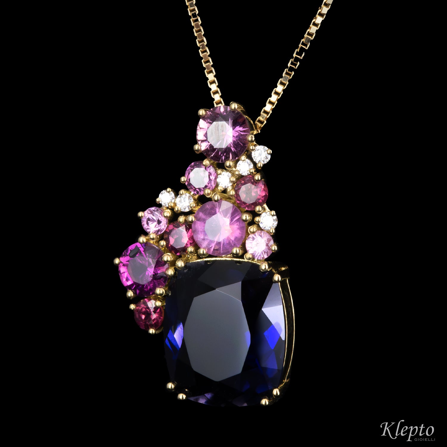 Pendente in oro giallo con Iolite, Zaffiri rosa, Rodoliti e Diamanti