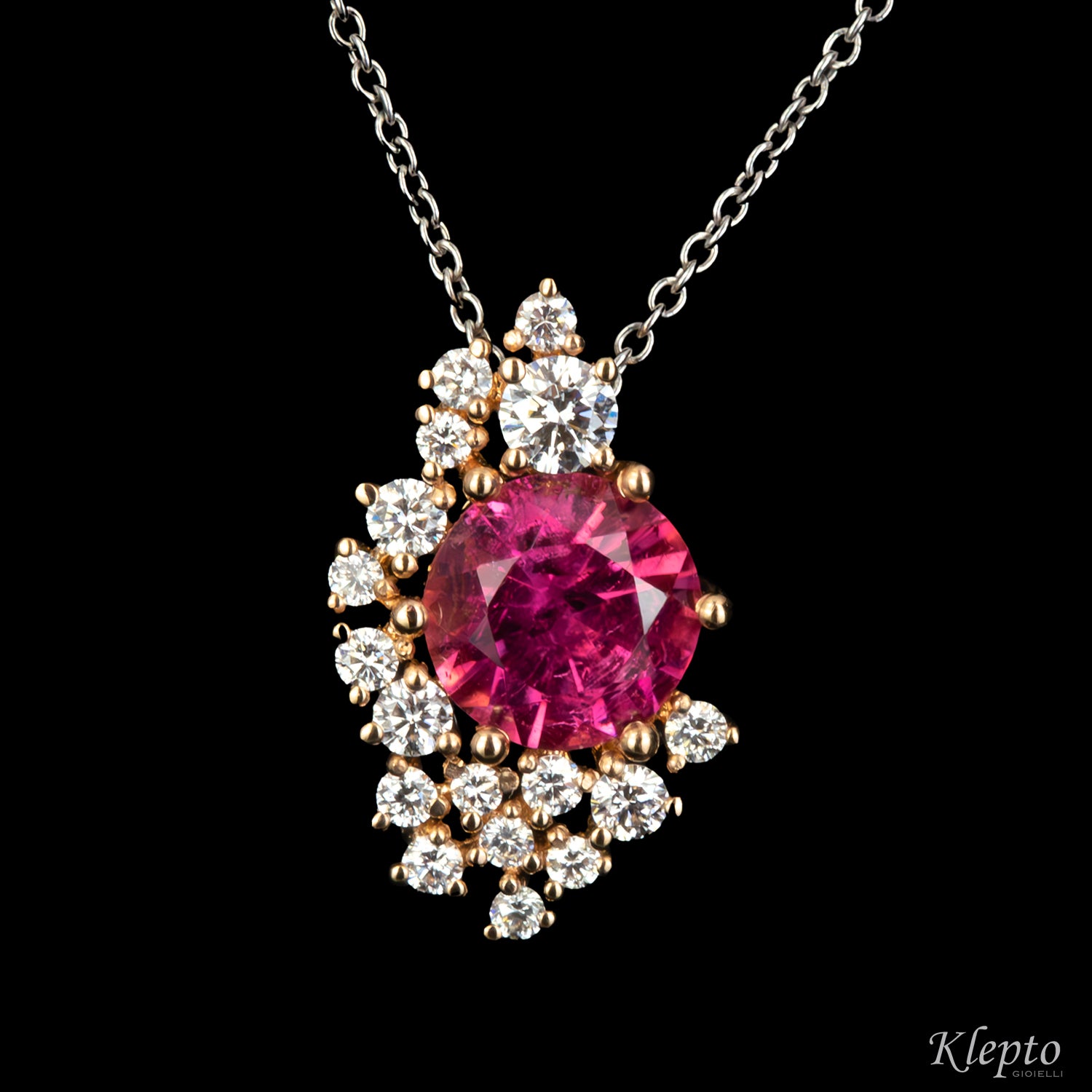 Pendente in oro bianco e rosa con Tormalina rosa e Diamanti
