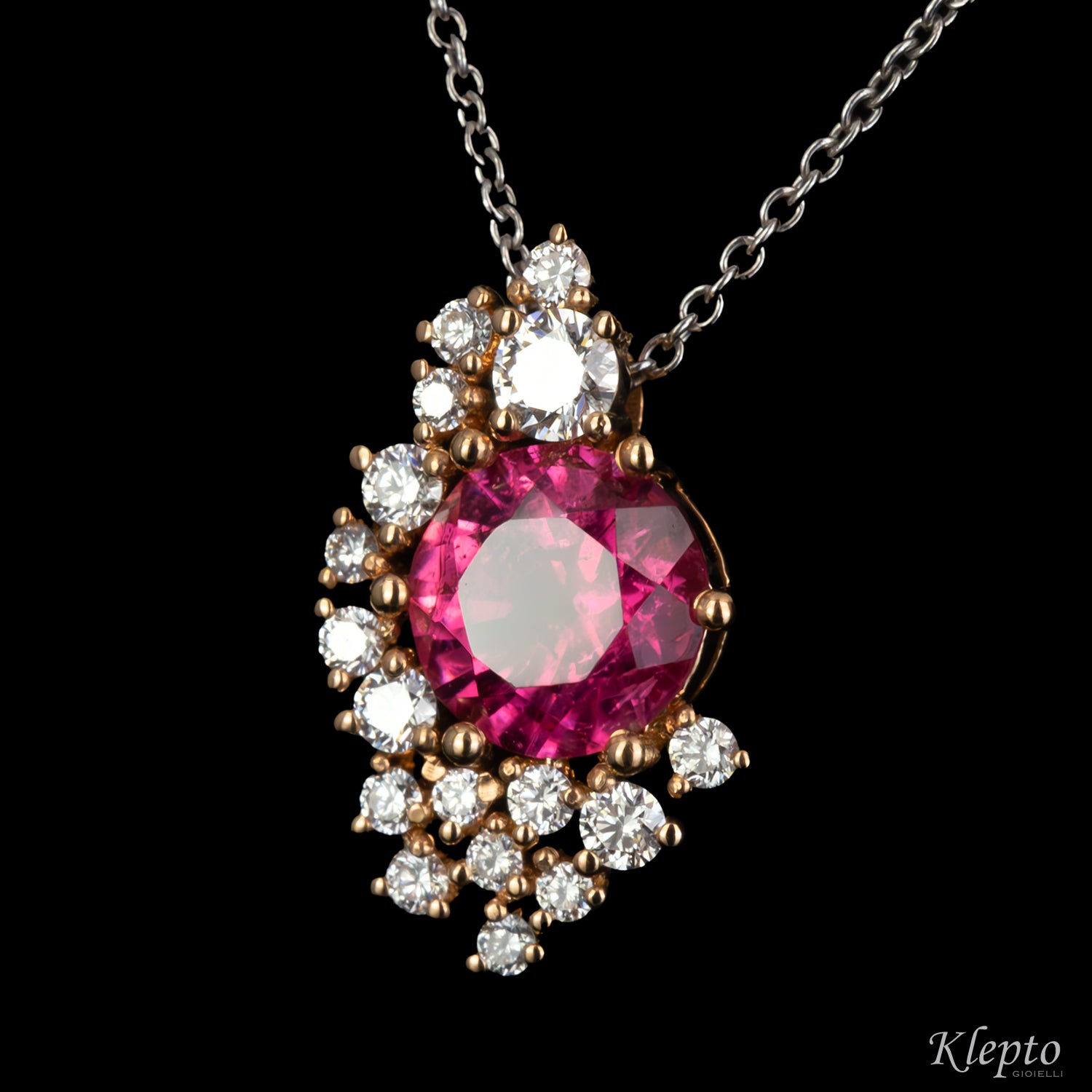 Pendente in oro bianco e rosa con Tormalina rosa e Diamanti