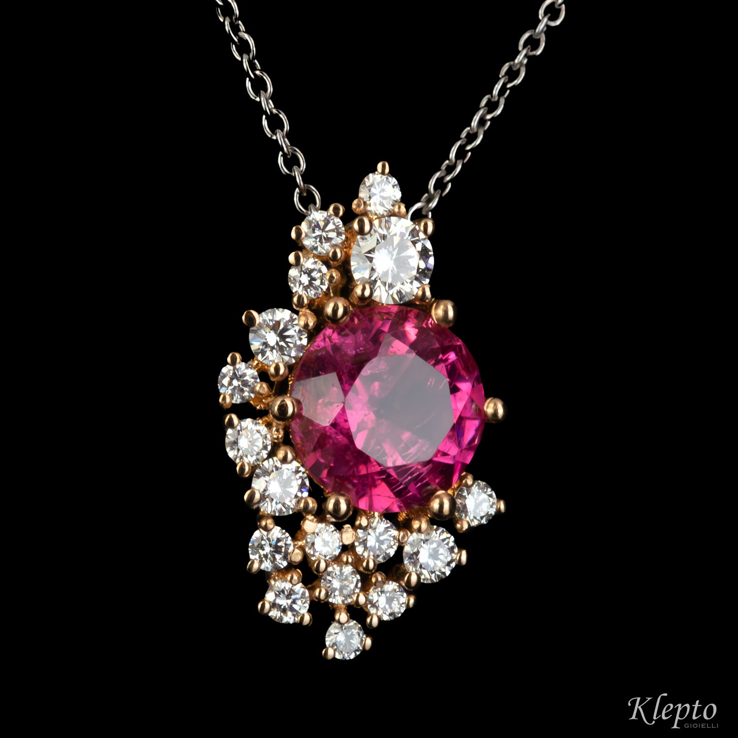 Pendente in oro bianco e rosa con Tormalina rosa e Diamanti
