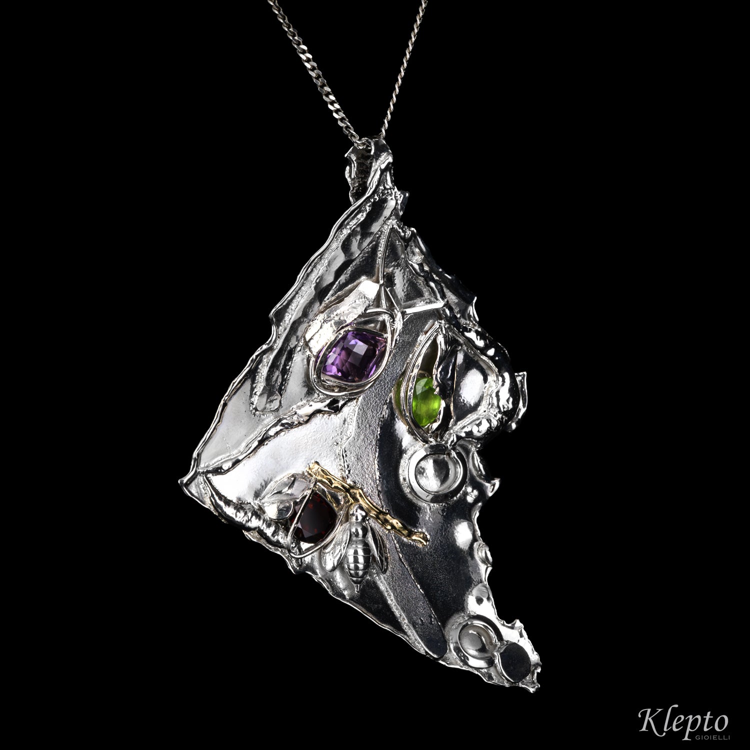 Pendente in Argento Silnova® con Ametista, Granato, Peridoto e dettaglio in oro giallo