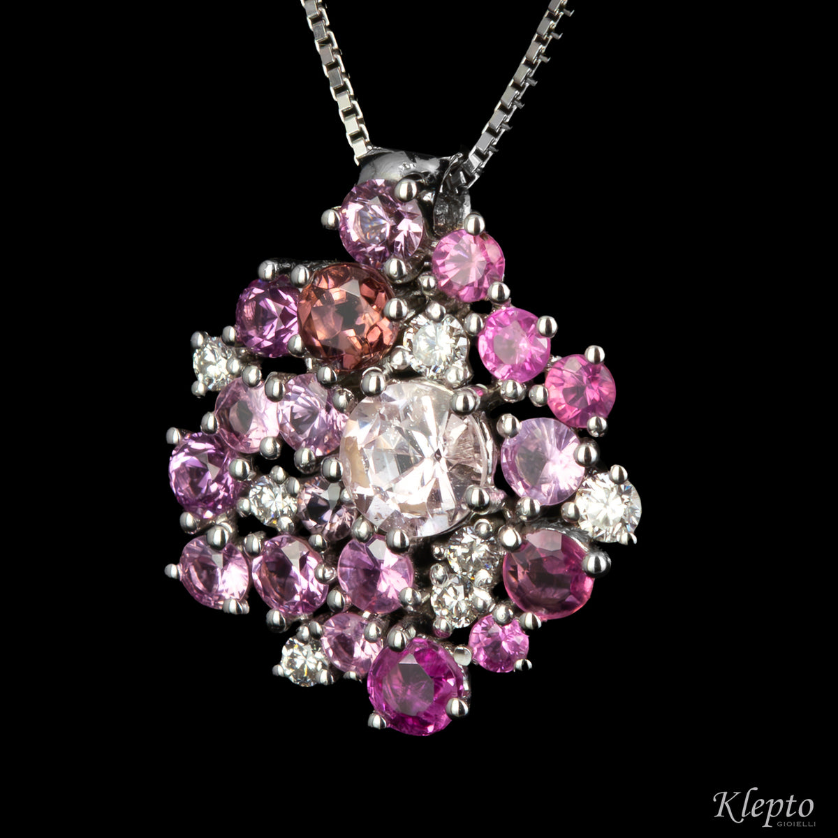 Pendente in oro bianco con Zaffiri rosa, Rodoliti e Diamanti