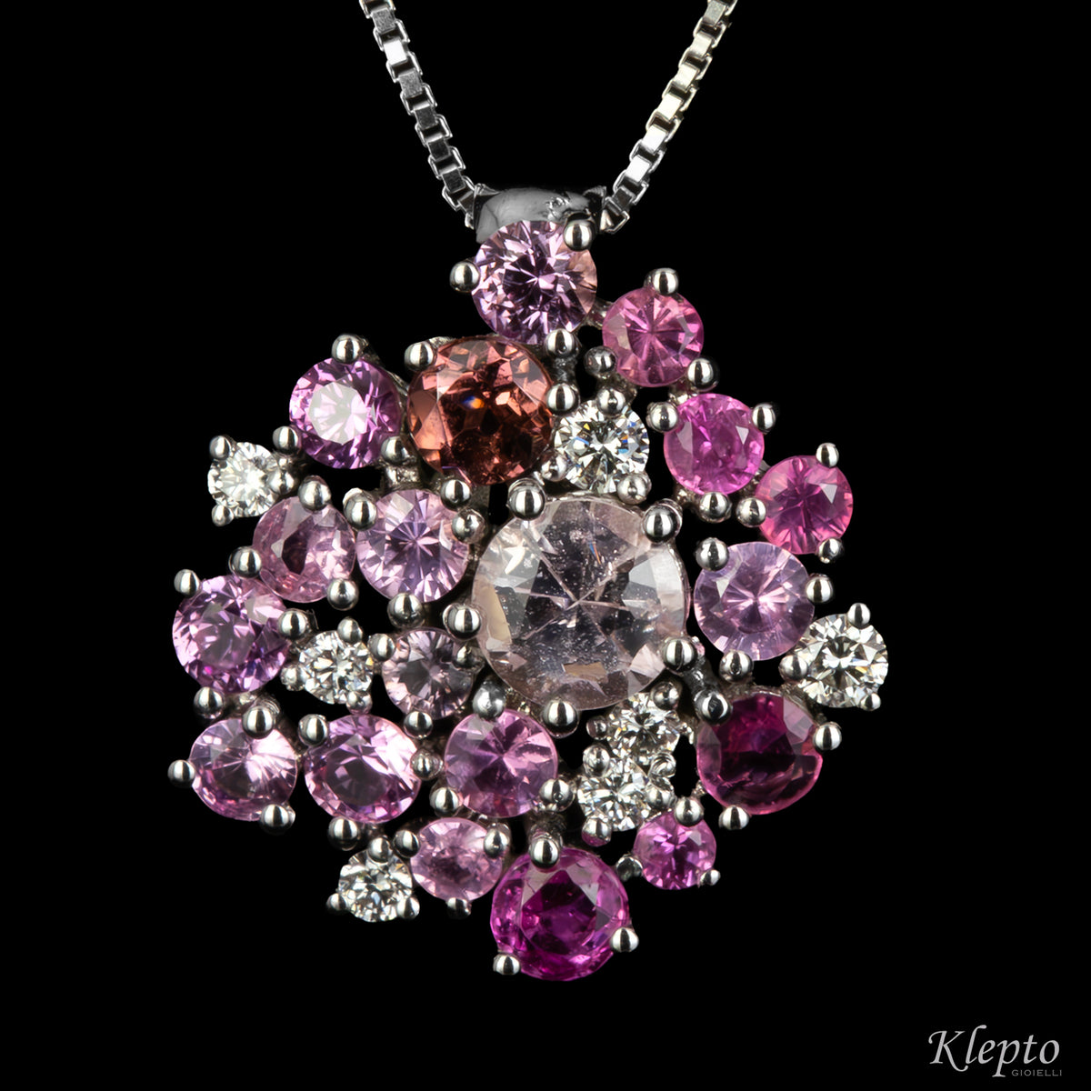 Pendente in oro bianco con Zaffiri rosa, Rodoliti e Diamanti