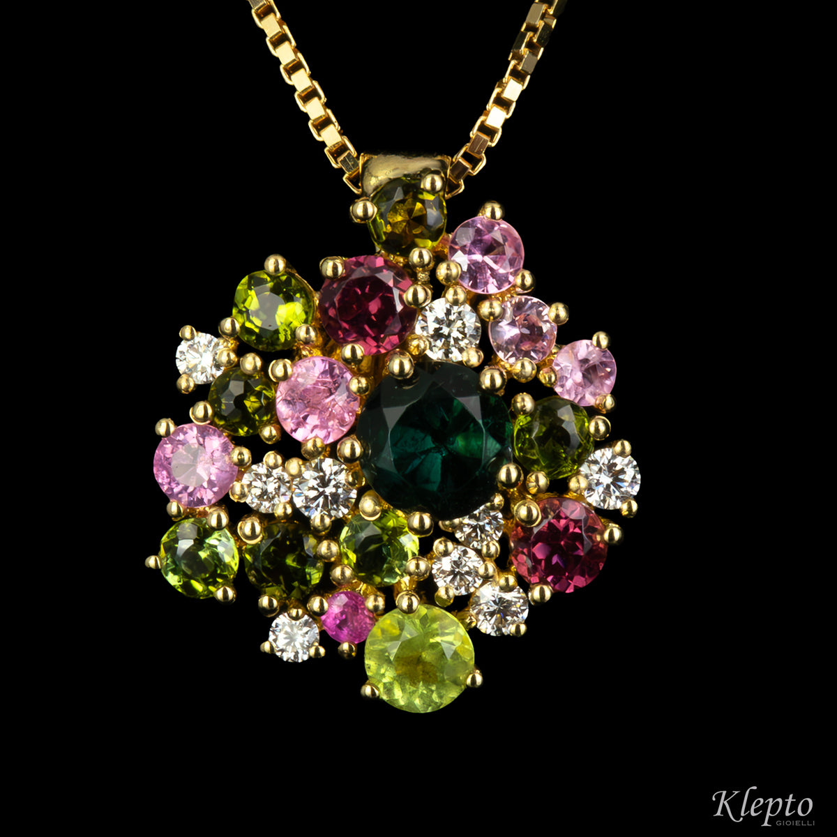 Pendente in oro giallo con Tormaline verdi, Zaffiri rosa, Rodoliti e Diamanti
