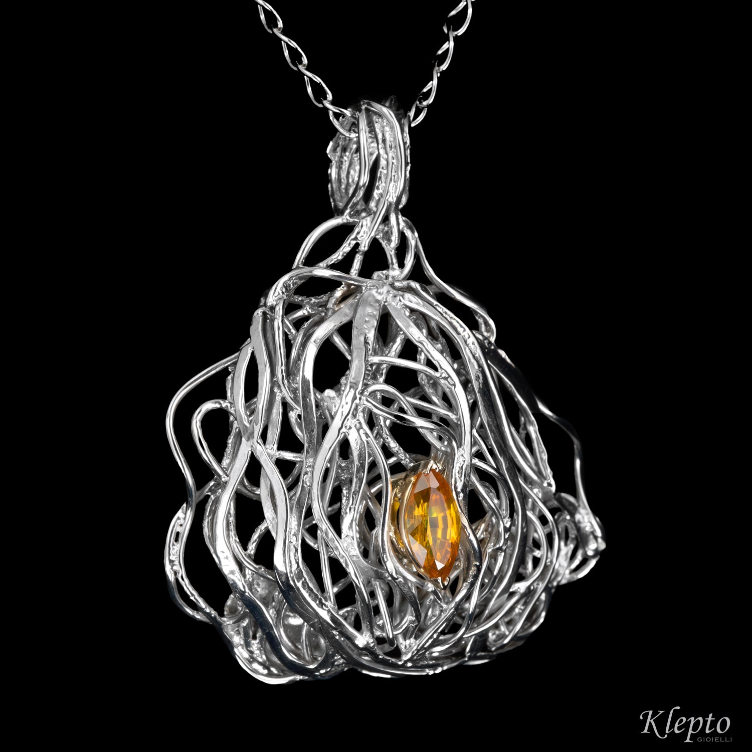 Pendente in Argento Silnova® con Zircone naturale giallo e dettagli in oro bianco