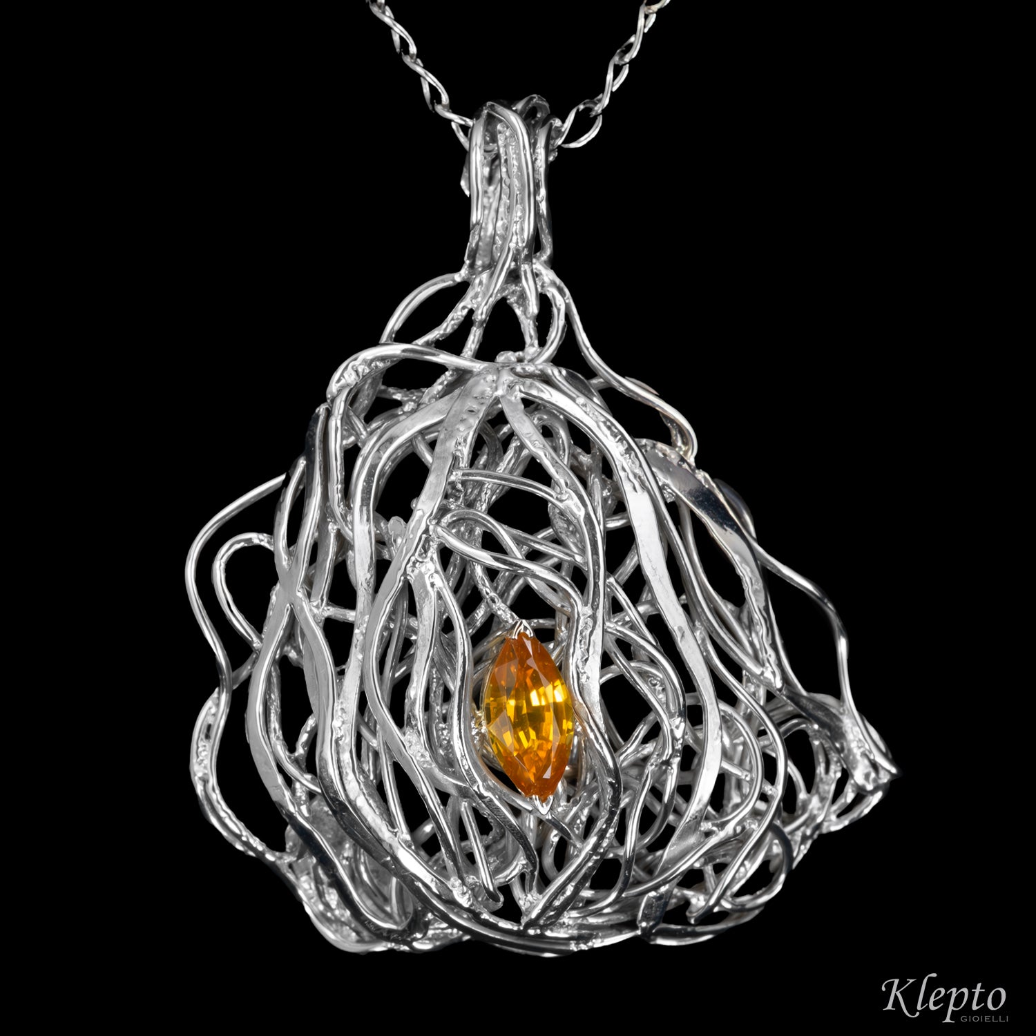 Pendente in Argento Silnova® con Zircone naturale giallo e dettagli in oro bianco