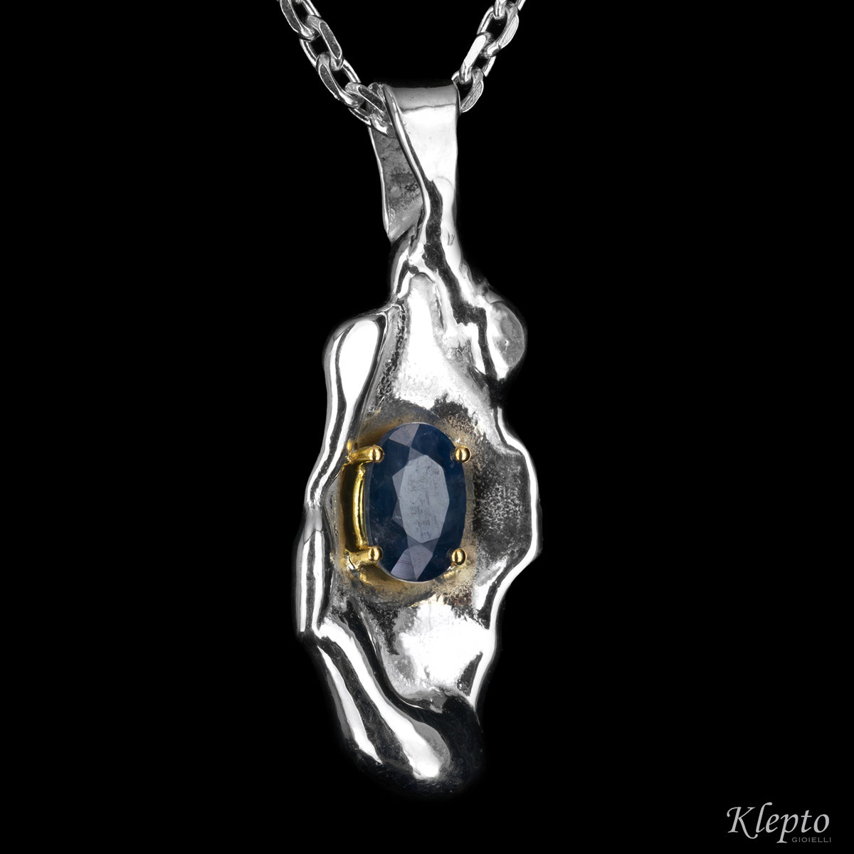 Pendente in Argento Silnova® con Zaffiro blu e dettagli in oro giallo