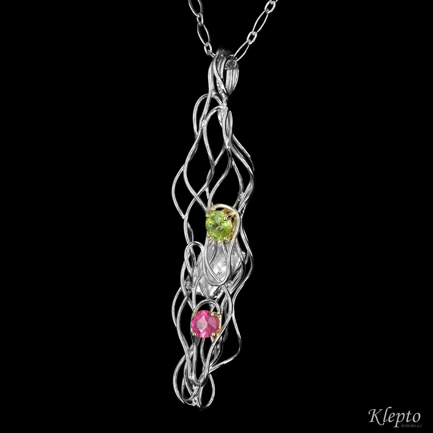 Pendente in Argento Silnova® con Tormalina verde e Tormalina rosa
