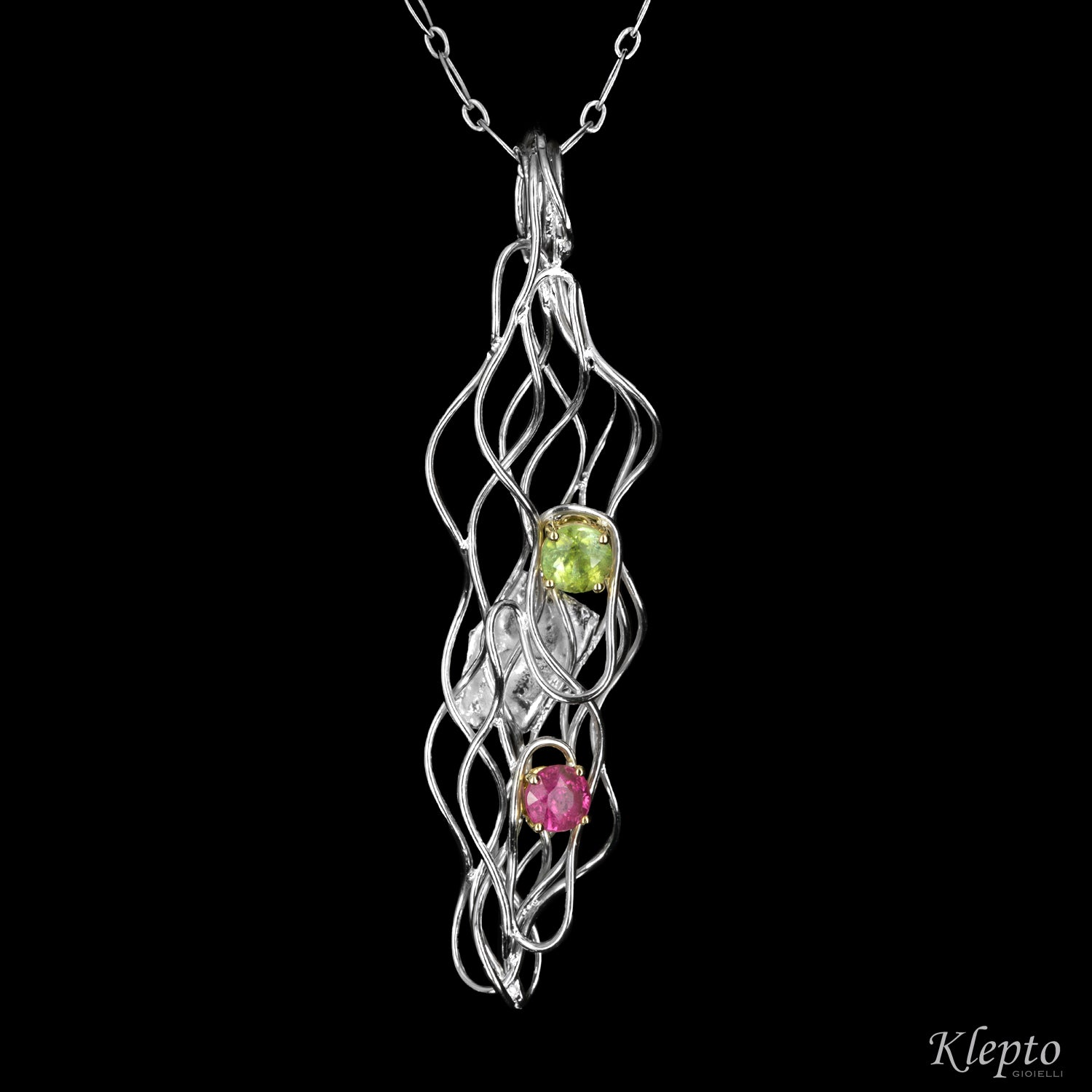 Pendente in Argento Silnova® con Tormalina verde e Tormalina rosa