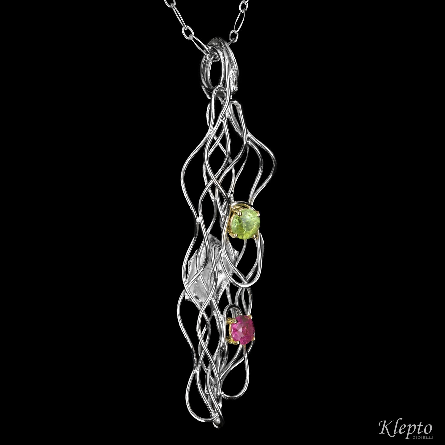 Pendente in Argento Silnova® con Tormalina verde e Tormalina rosa