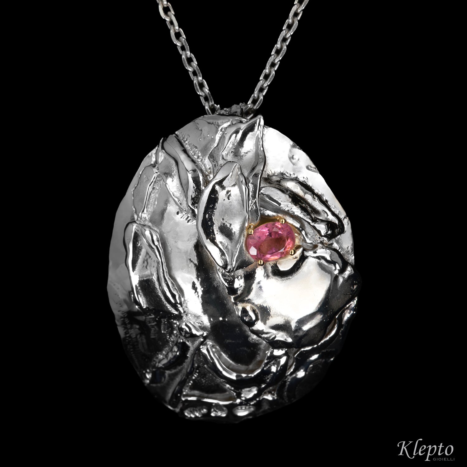 Pendente in Argento Silnova® con Tormalina rosa e dettagli in oro