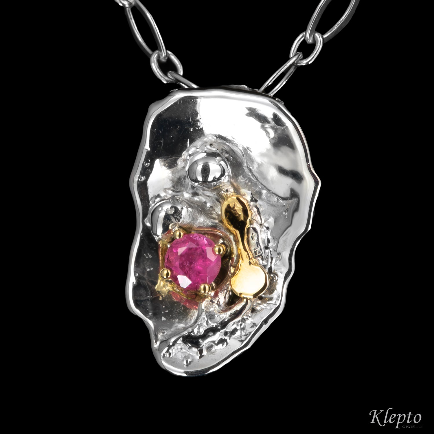 Pendente in Argento Silnova® con Tormalina rosa e dettagli in oro giallo