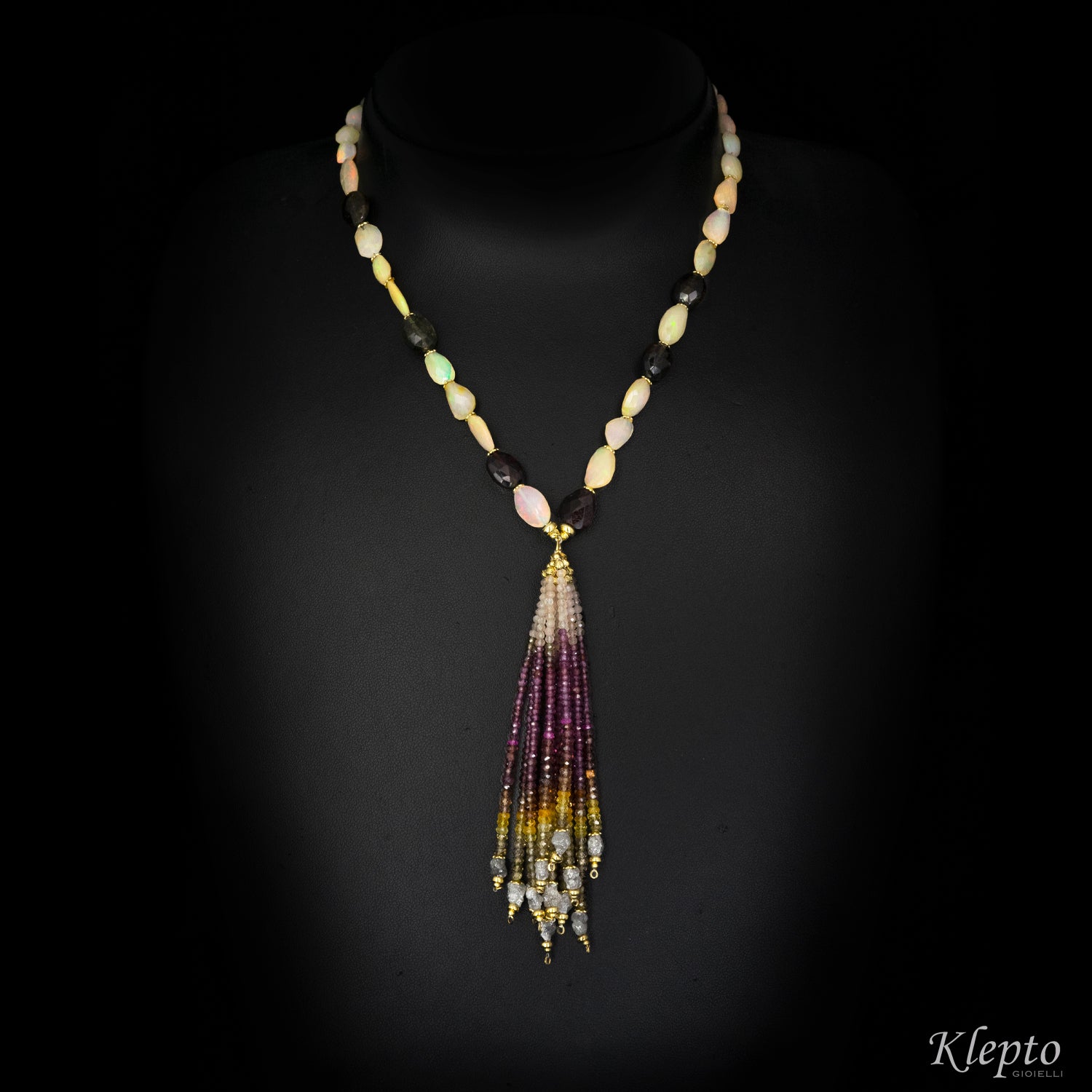 Collana a nappa in oro giallo con Opale, Tormaline, Granato e Diamanti grezzi