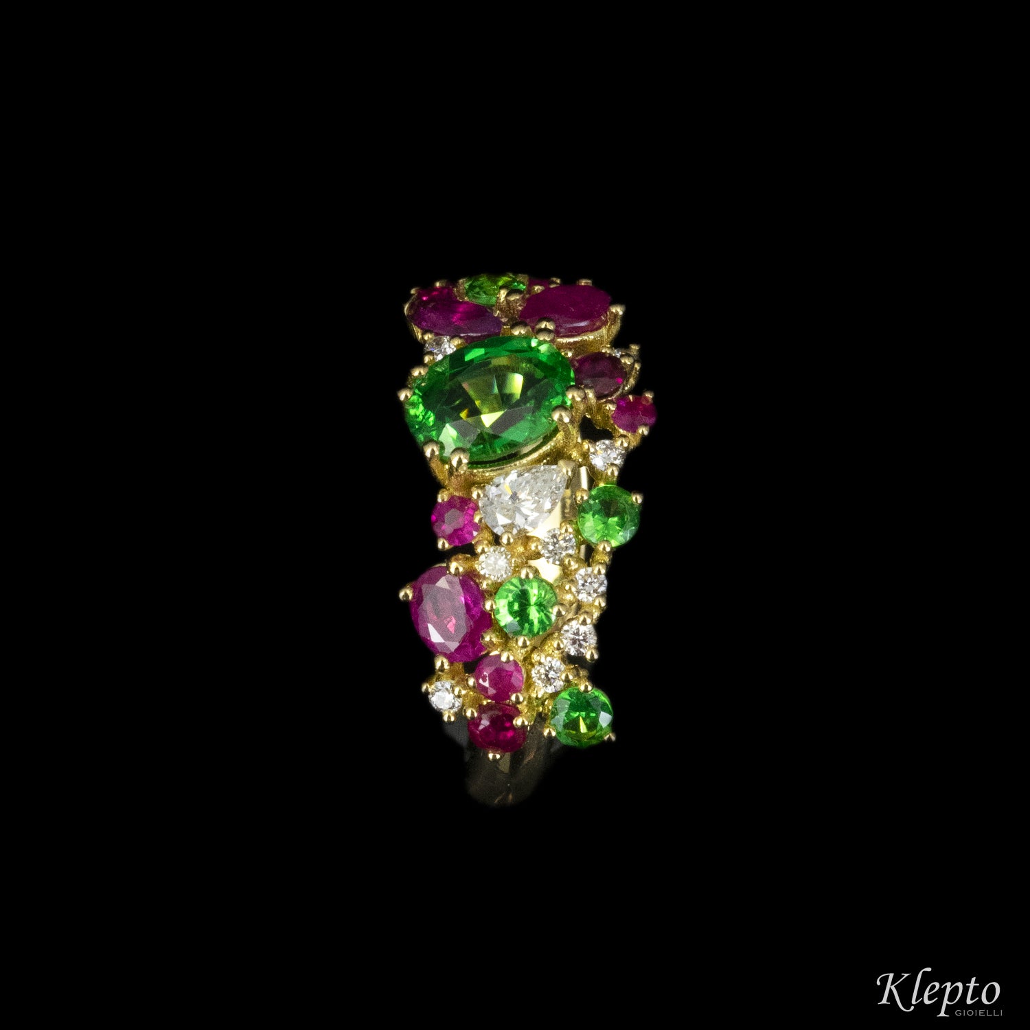 Anello classico in oro giallo con Tormalina, Rubini, Tzavoriti e Diamanti