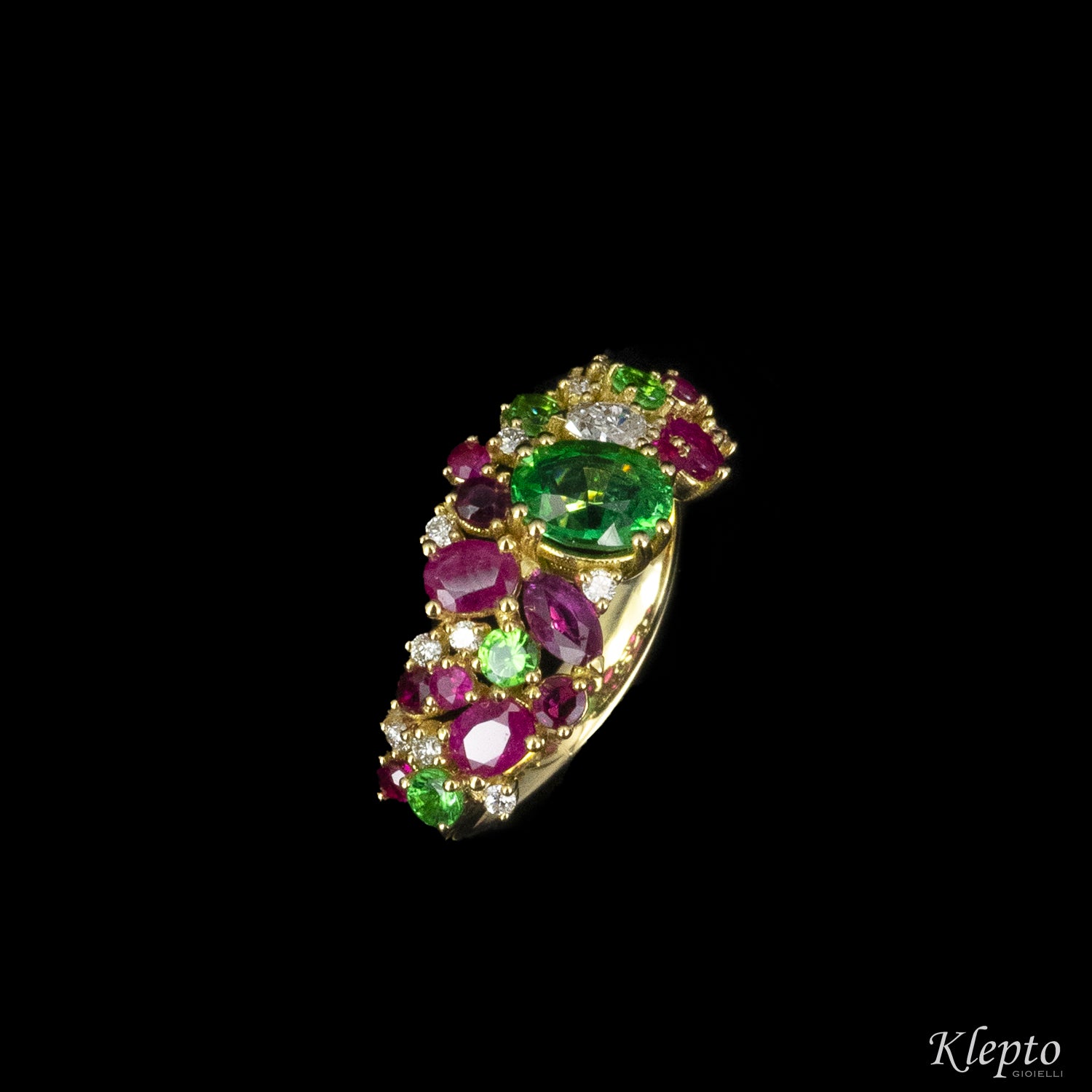 Anello classico in oro giallo con Tormalina, Rubini, Tzavoriti e Diamanti