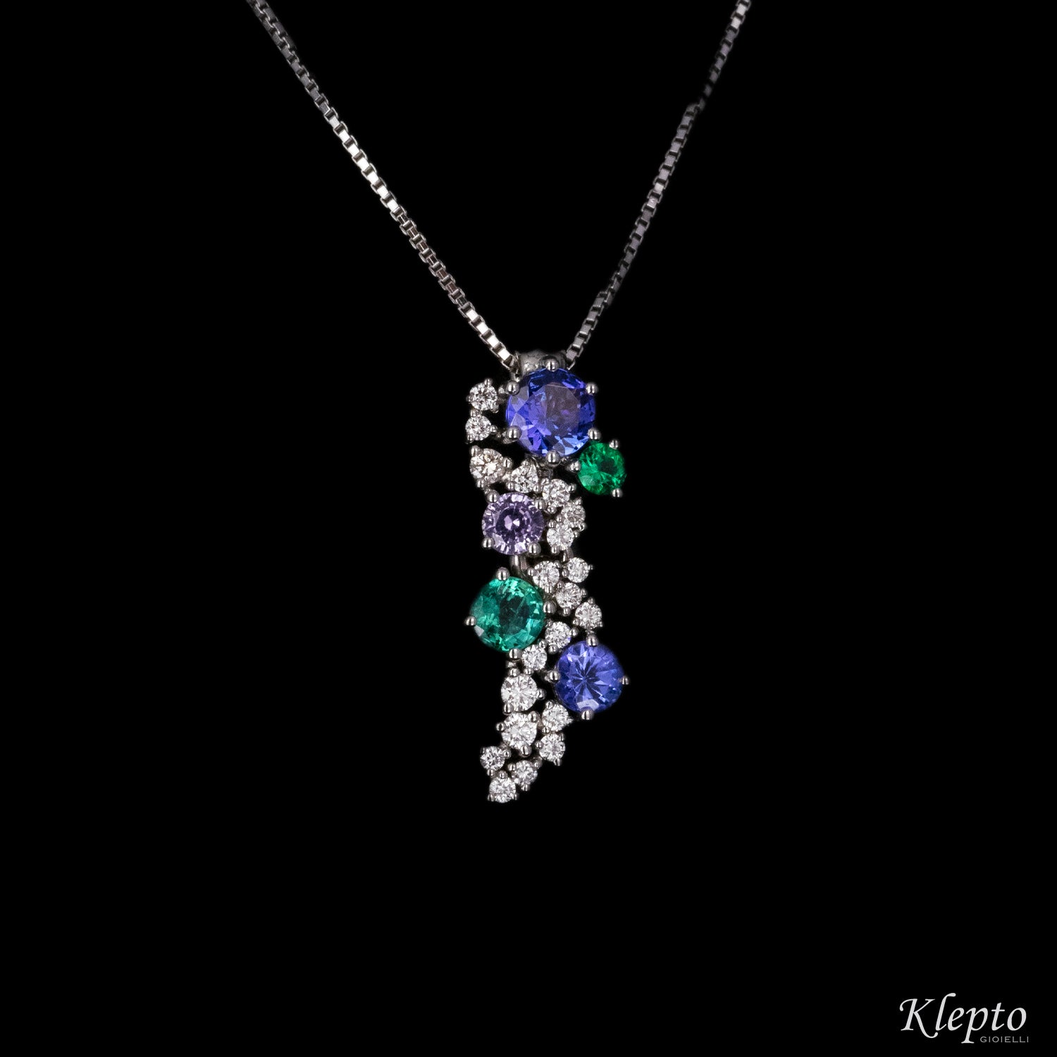 Pendente in oro bianco con Smeraldo, Tanzanite e Diamanti