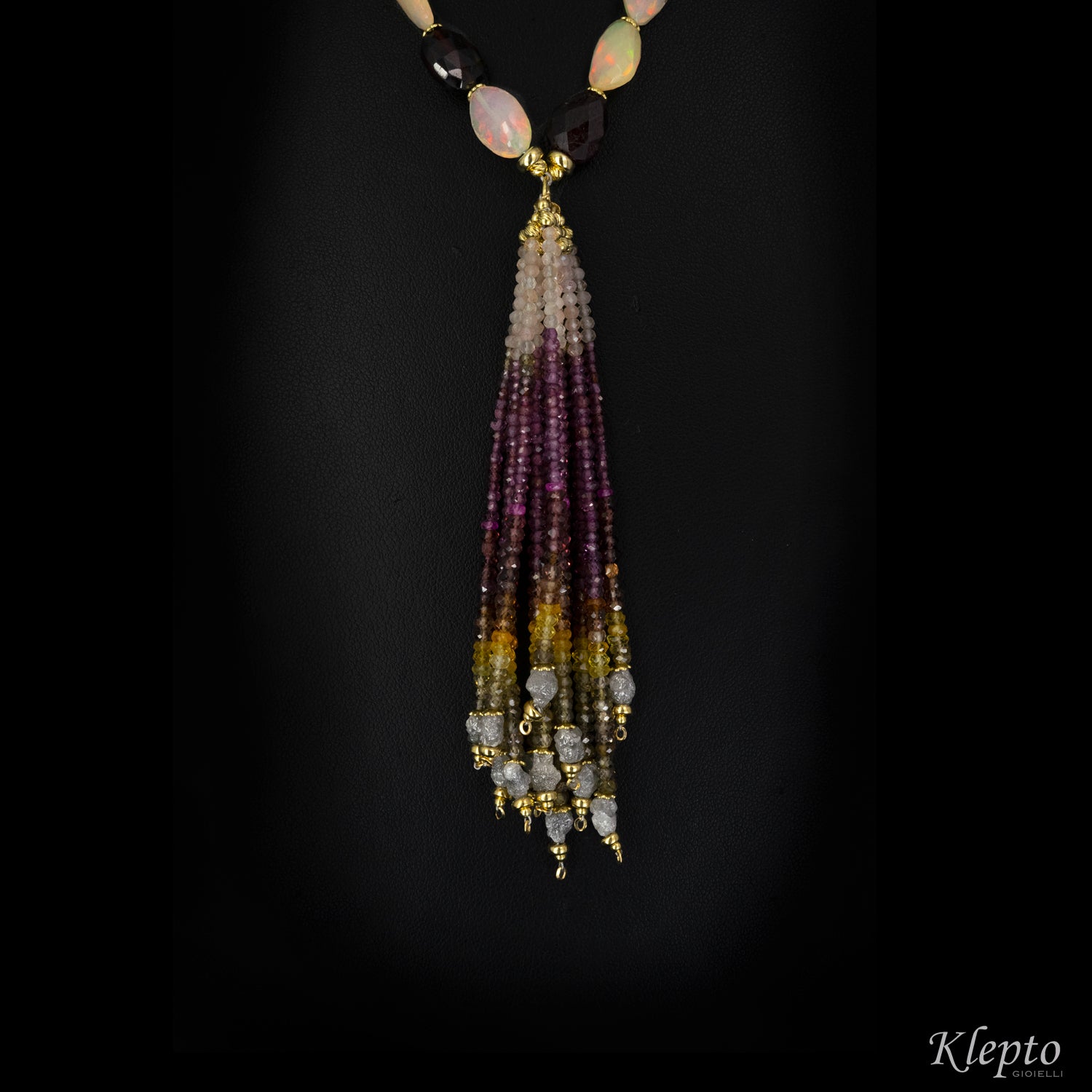 Collana a nappa in oro giallo con Opale, Tormaline, Granato e Diamanti grezzi