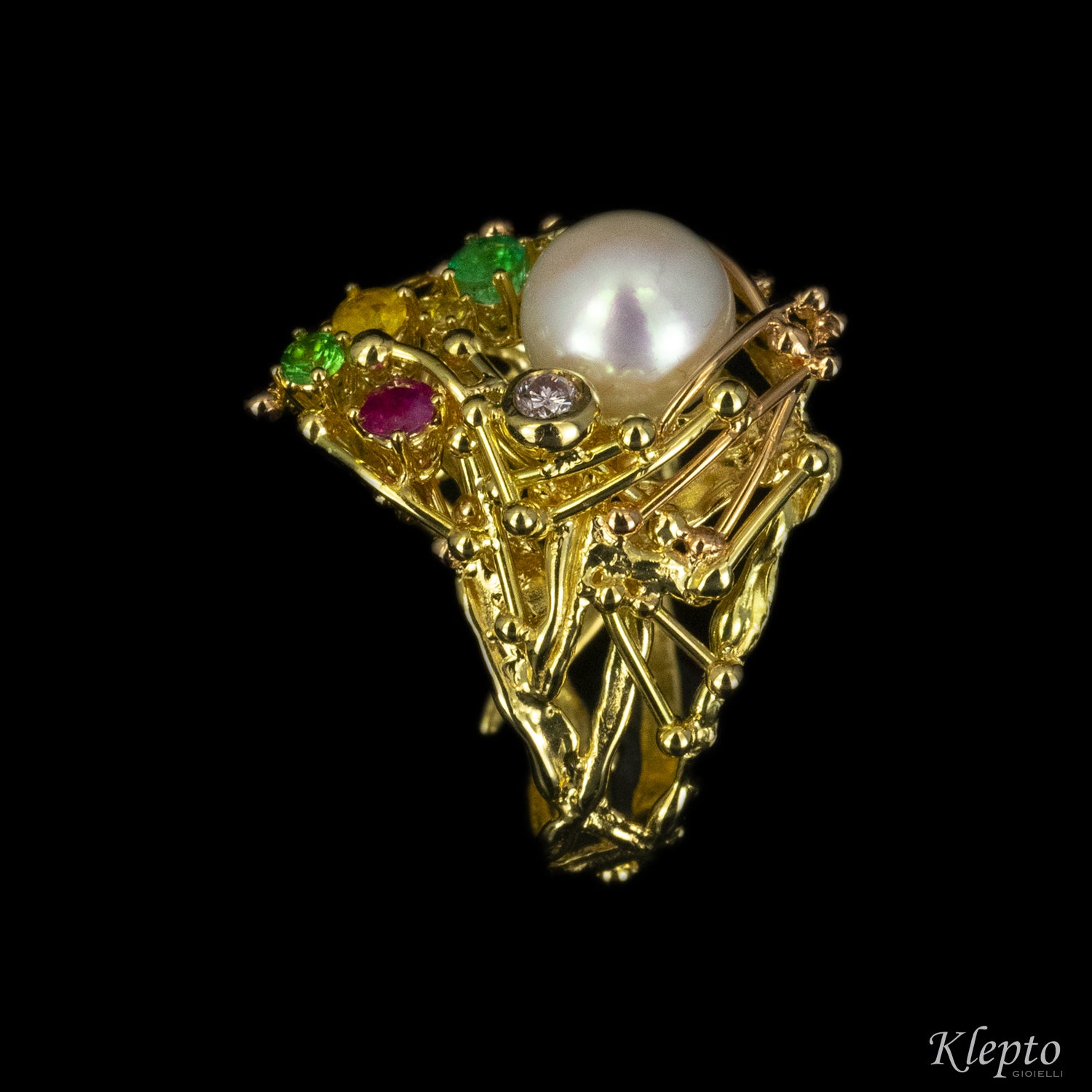 Anello in oro giallo con Perla Giapponese, Smeraldo, Rubino, Zaffiro e Diamante