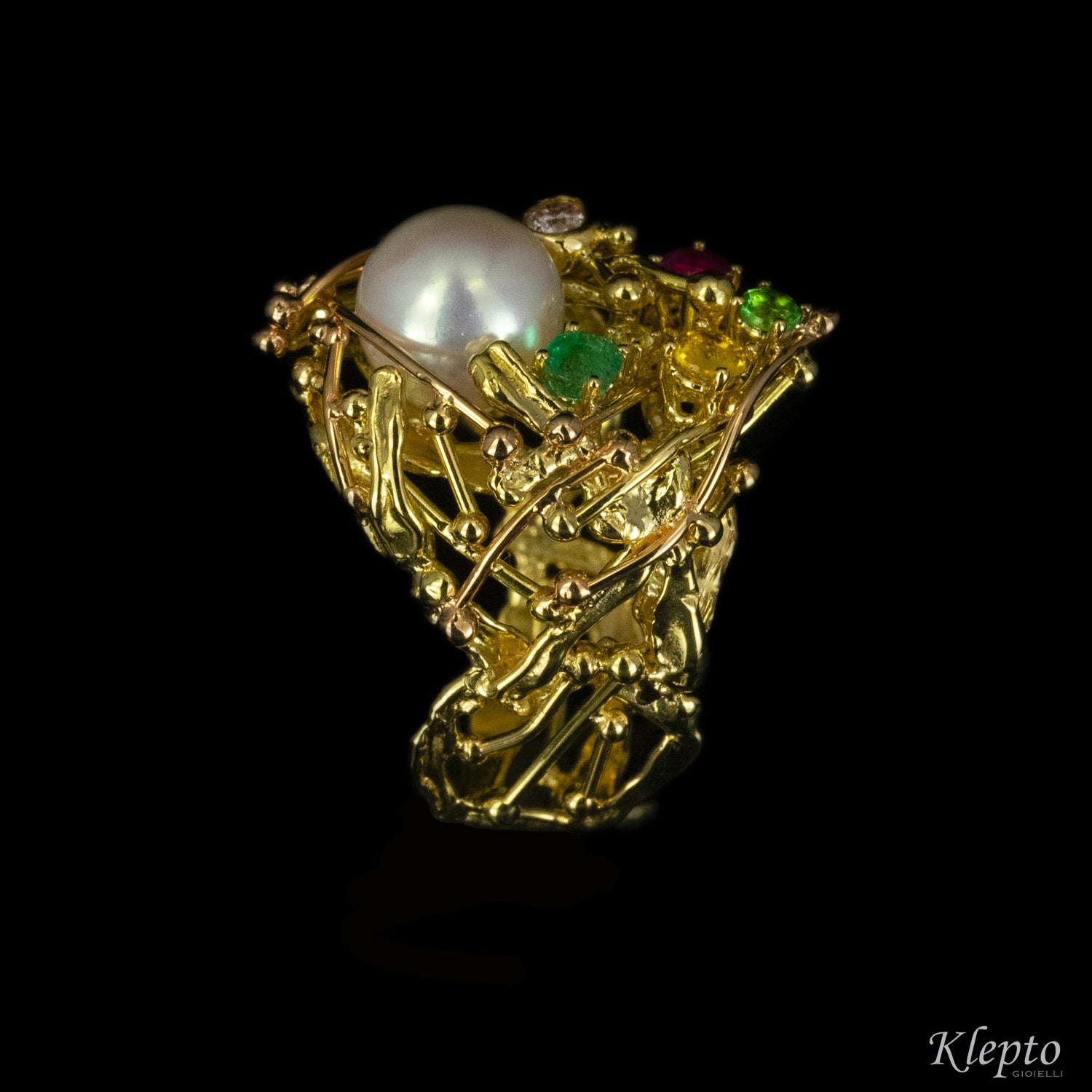 Anello in oro giallo con Perla Giapponese, Smeraldo, Rubino, Zaffiro e Diamante